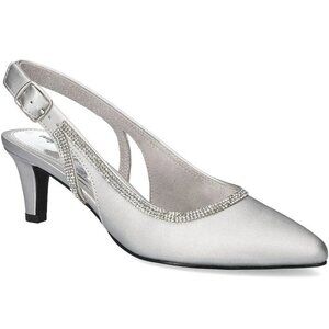 Easy Street Glisten Silver Satin Slingback Pumps Sz 6.5 W - Retail $81